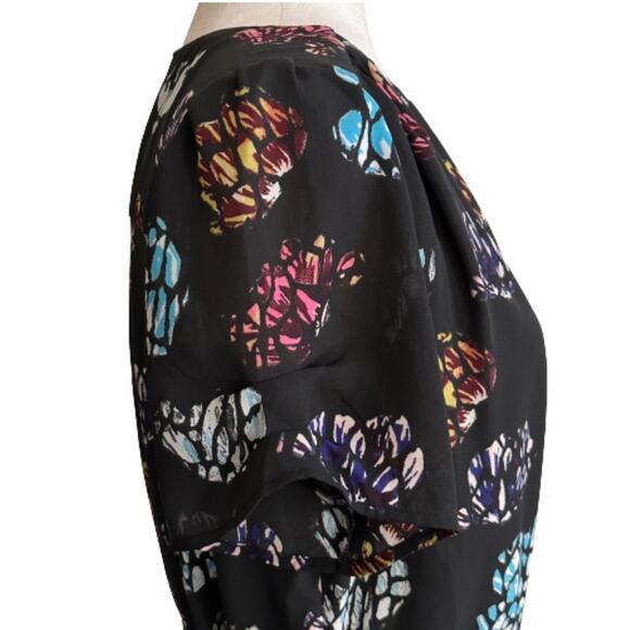 lr Black Floral Short Sleeve Sash Belt Split Neck Sheath Tunic Dress Size Small - Picture 6 of 13